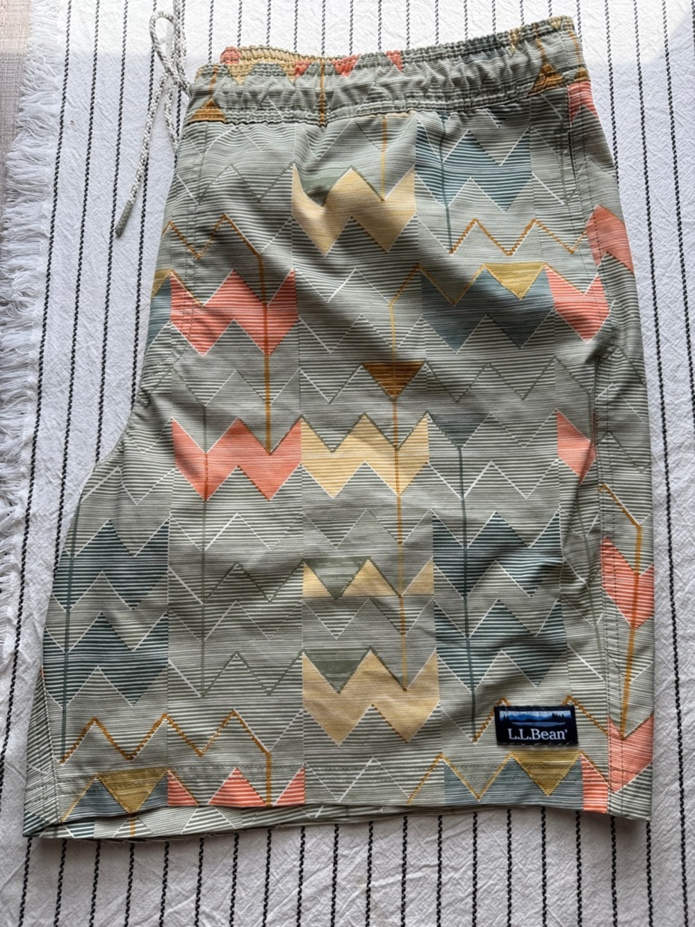 L.L. Bean Geometric Men’s Swim Trunks in Sage with Coral & Gold Accents